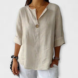 Nicole - Beige Leinenbluse mit V-Ausschnitt