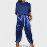 Khakifarbenes Satin-Set mit Top und Hose