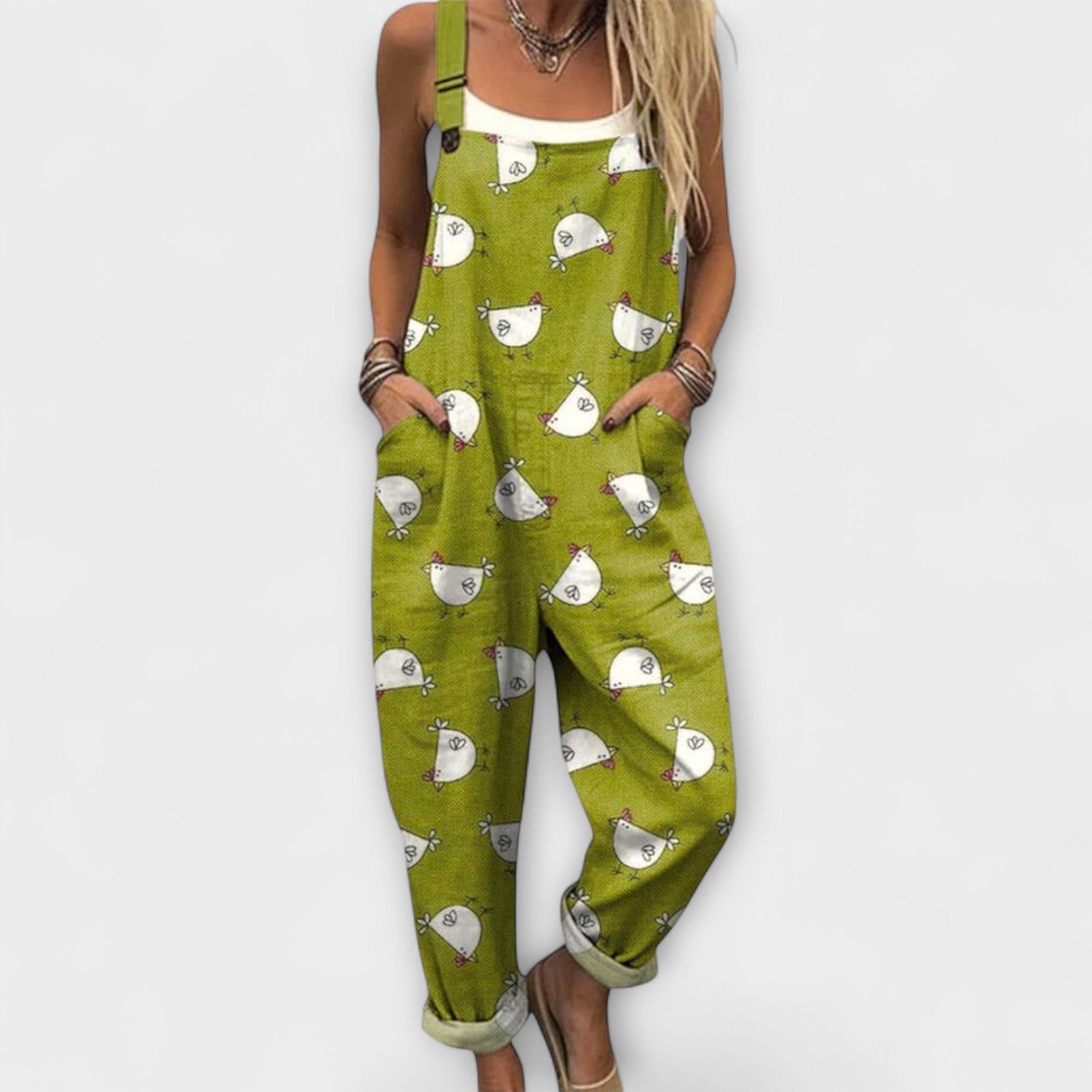 Aurore - Graue Latzhose mit Küken-Motiv