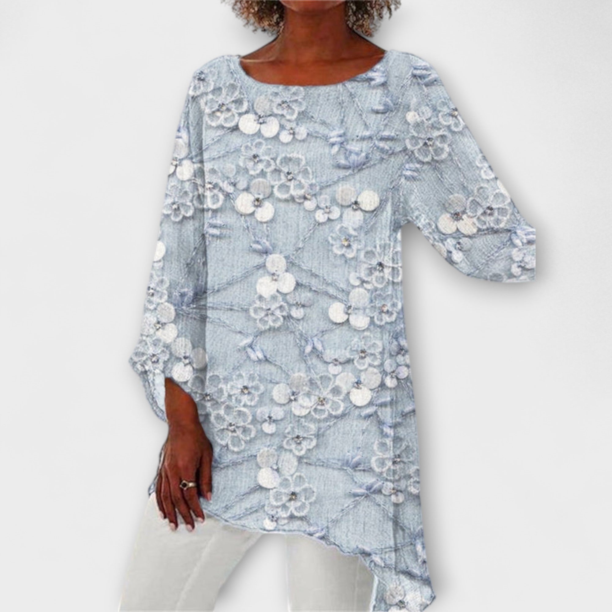 Harper - Blusa bege com estampa floral de cristais