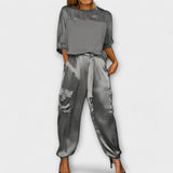 Khakifarbenes Satin-Set mit Top und Hose