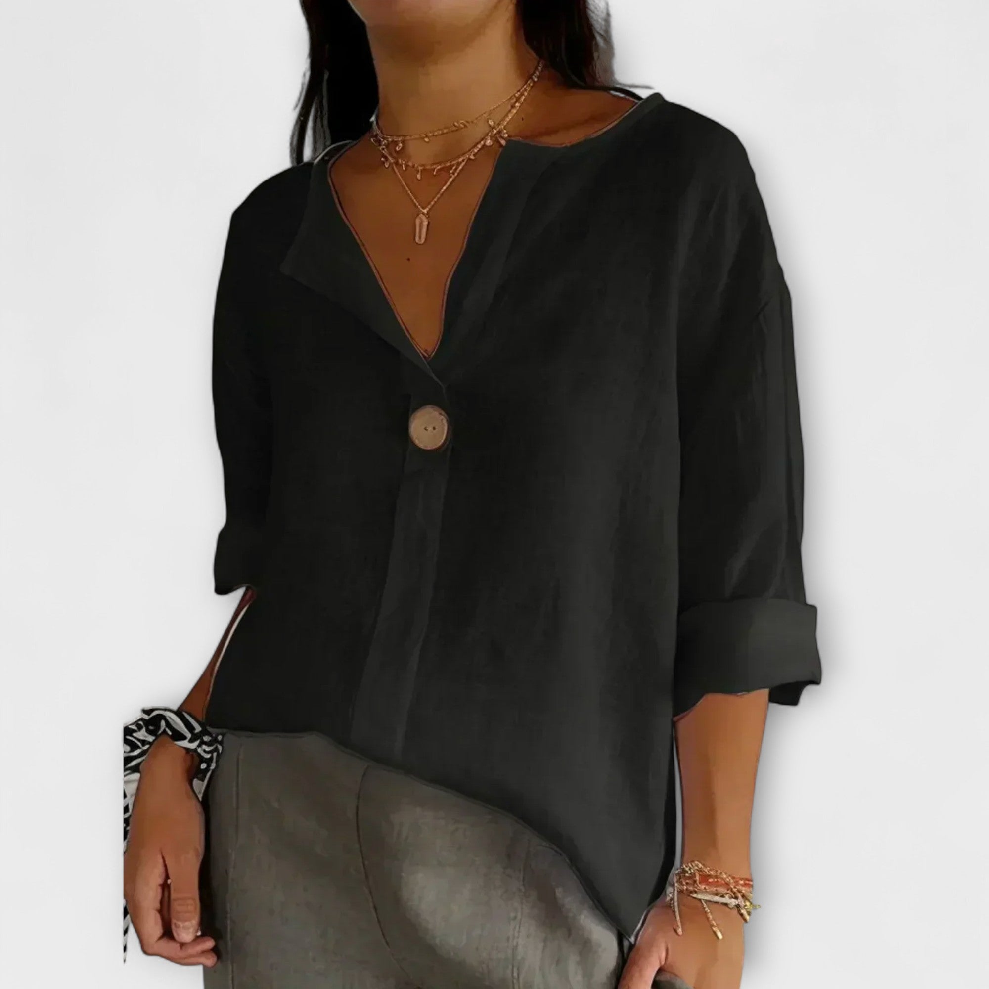 Nicole - Beige Leinenbluse mit V-Ausschnitt
