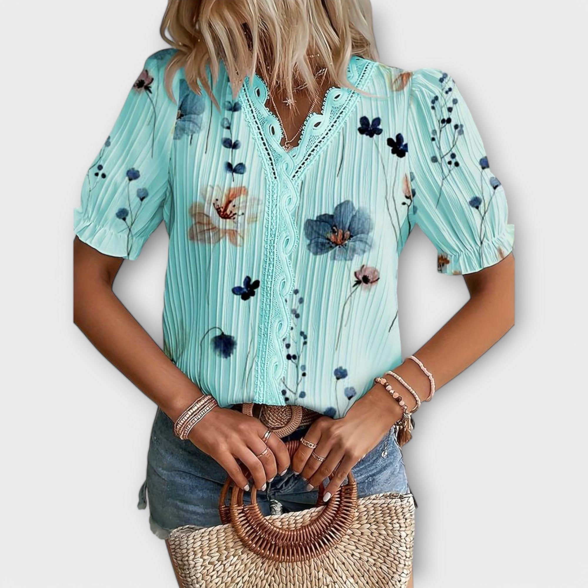 Emily - Rosa Bluse mit Blütenmuster und Spitze