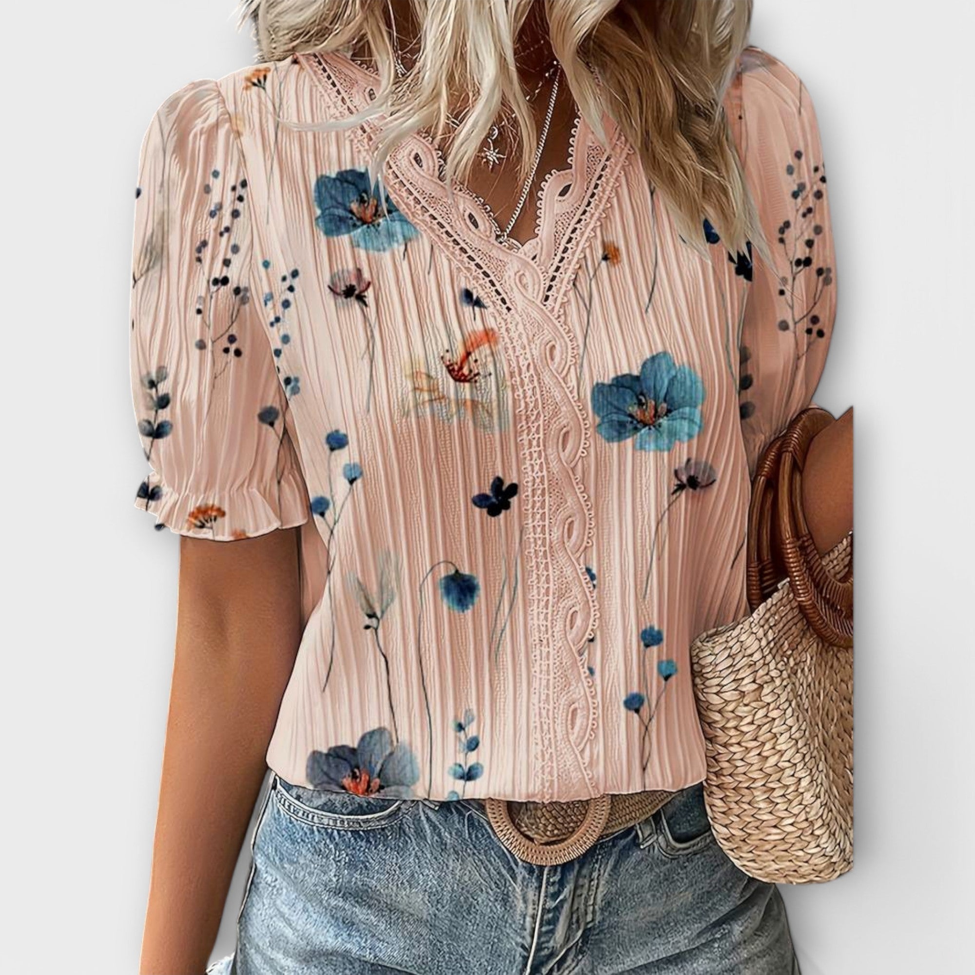 Emily - Rosa Bluse mit Blütenmuster und Spitze