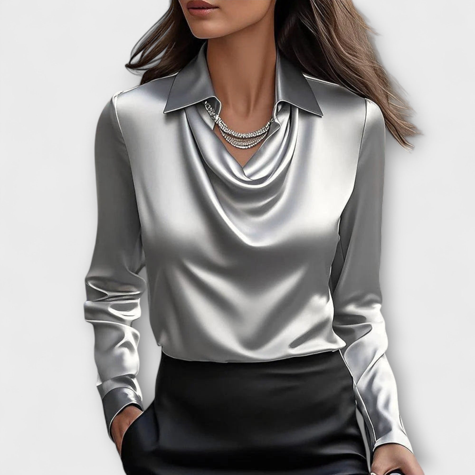 Meli – Glänzende Bluse in Champagnerfarben mit Raffung
