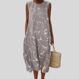 Vestido de linho cinza com padrão abstrato