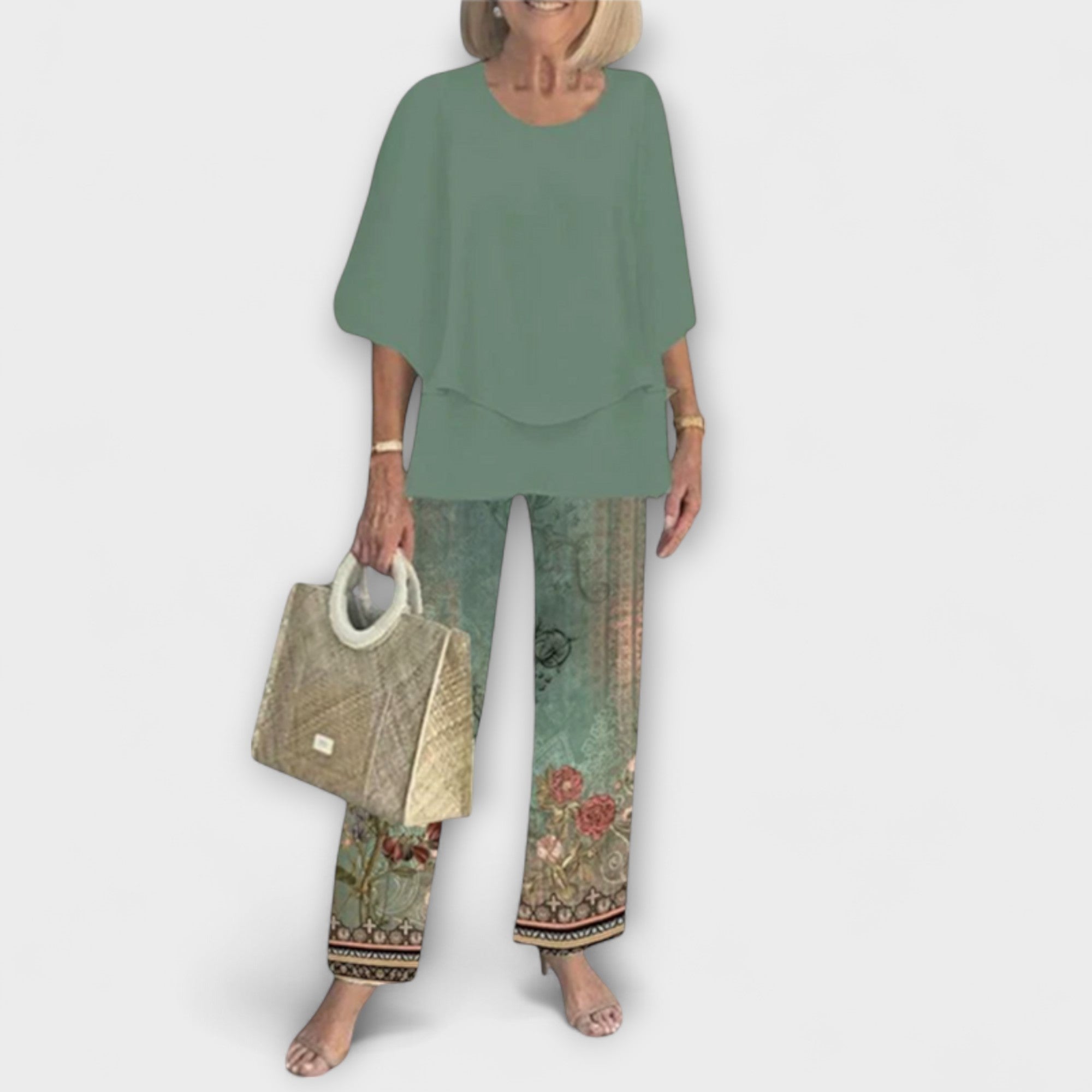 Rosamund - Grünes Set mit Bluse und Hose