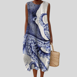 Vestido azul e branco com tema de polvo