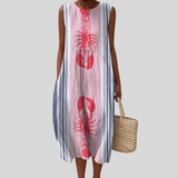 Vestido listrado cor-de-rosa com motivo de lagosta