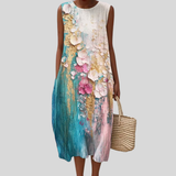 Vestido turquesa e rosa com flores 3D
