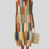 Vestido com padrão de patchwork de madeira