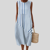 Vestido de retalhos às riscas azul-claro
