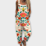 Mila - Beige Latzhose mit Mohnblumen
