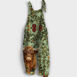 Alice - Grüne Latzhose mit Highland-Rind-Motiv