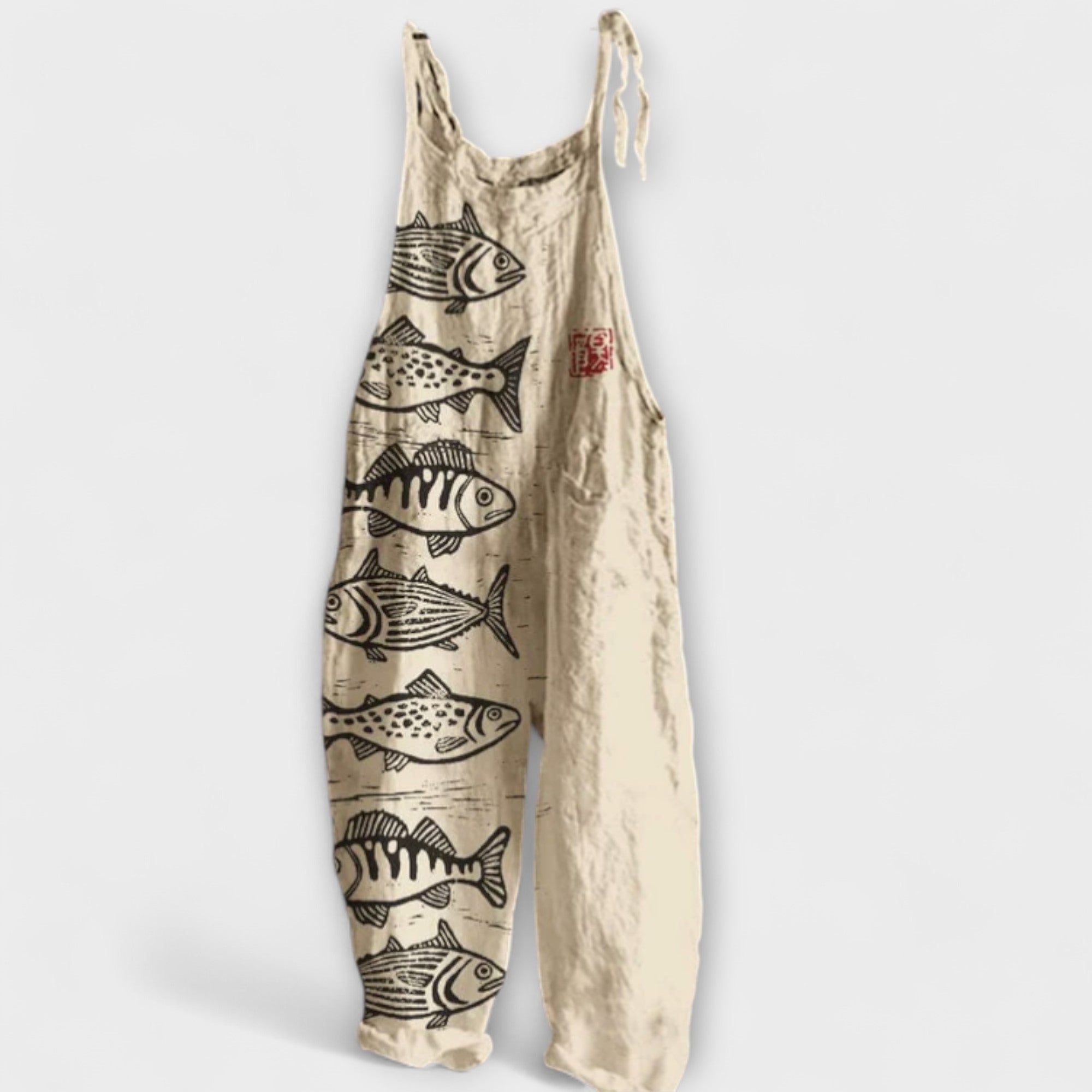 Felicity - Beige Latzhose mit Fischmotiv
