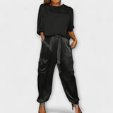 Khakifarbenes Satin-Set mit Top und Hose