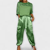 Khakifarbenes Satin-Set mit Top und Hose