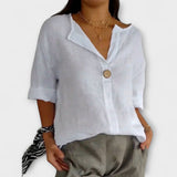 Nicole - Beige Leinenbluse mit V-Ausschnitt