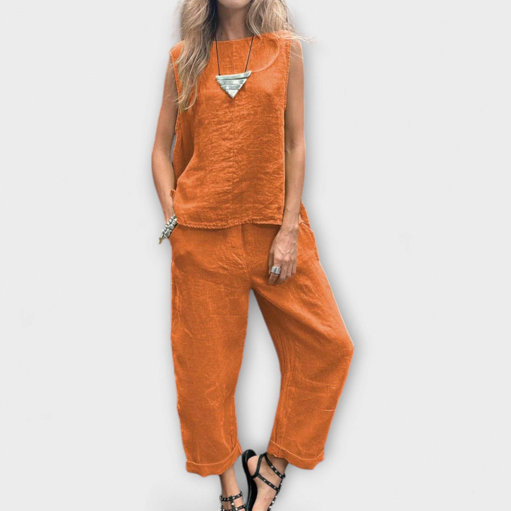 Jennifer - Gelbes Leinen-Set mit ärmellosem Top
