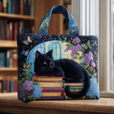 Handgefertigte Tasche „Schwarze Katze auf Büchern“