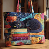Handgefertigte Tasche “Schwarze Katze mit Büchern und Tassen”