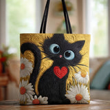 Handgefertigte Tasche “Schwarze Katze mit Herz und Margeriten”