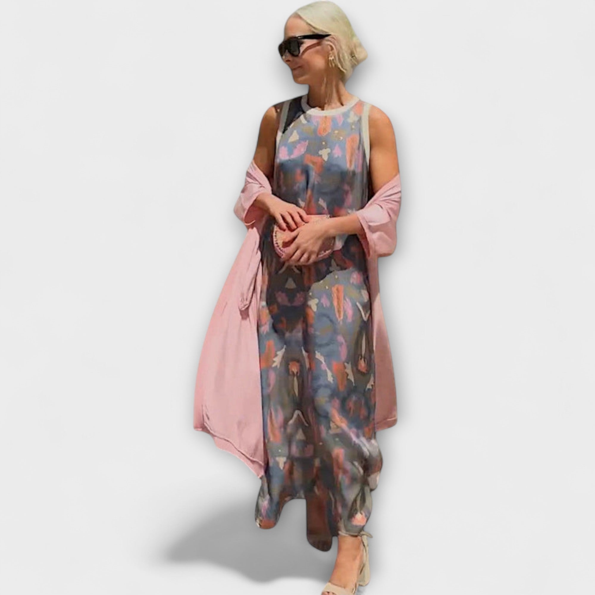 Elveria - Beiges Maxikleid mit passendem Cardigan