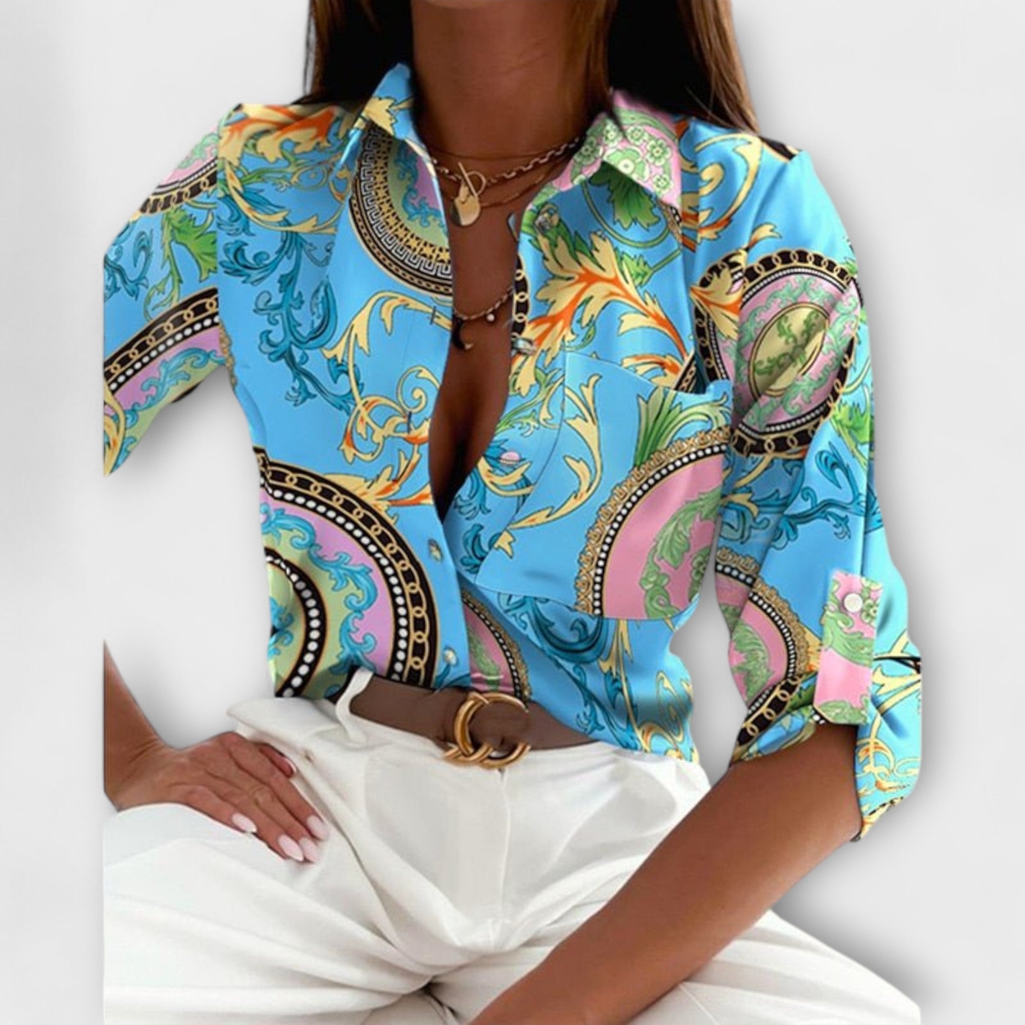 Blaue Bluse mit grafischem Muster und Kragen